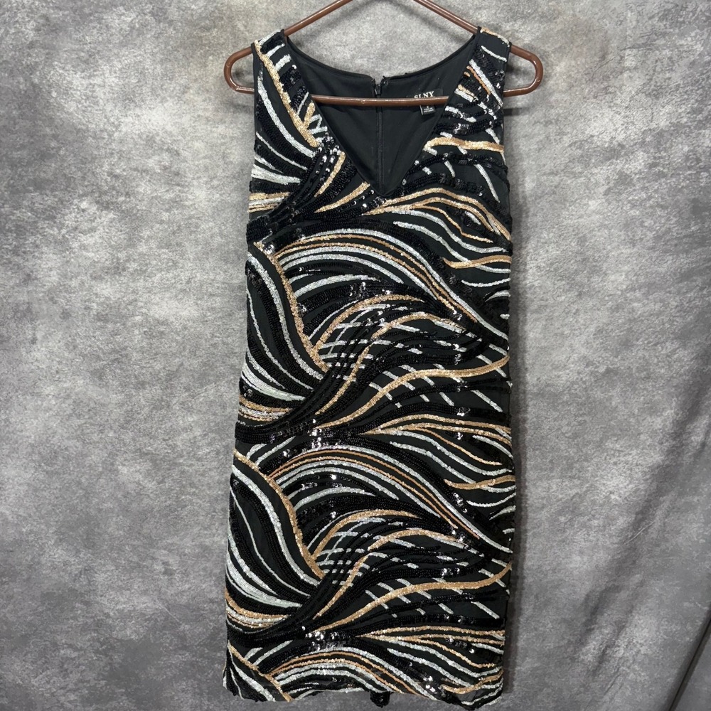 SLNY Sequin V-Neck Sheath Cocktail Dress Size 6 Black Gold Silver Swirl NYE